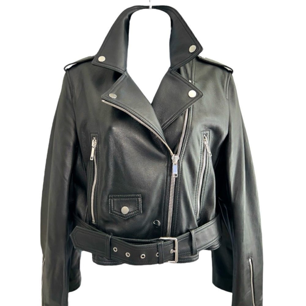 LTH JKT Cropped Leather Black Motorcycle Jacket Size L.